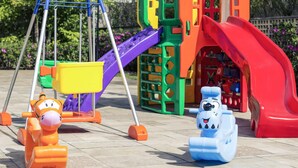 A playground with a swing set, a slide, and two toy animals. - Mercure Sao Paulo Vila Olimpia (São Paulo)