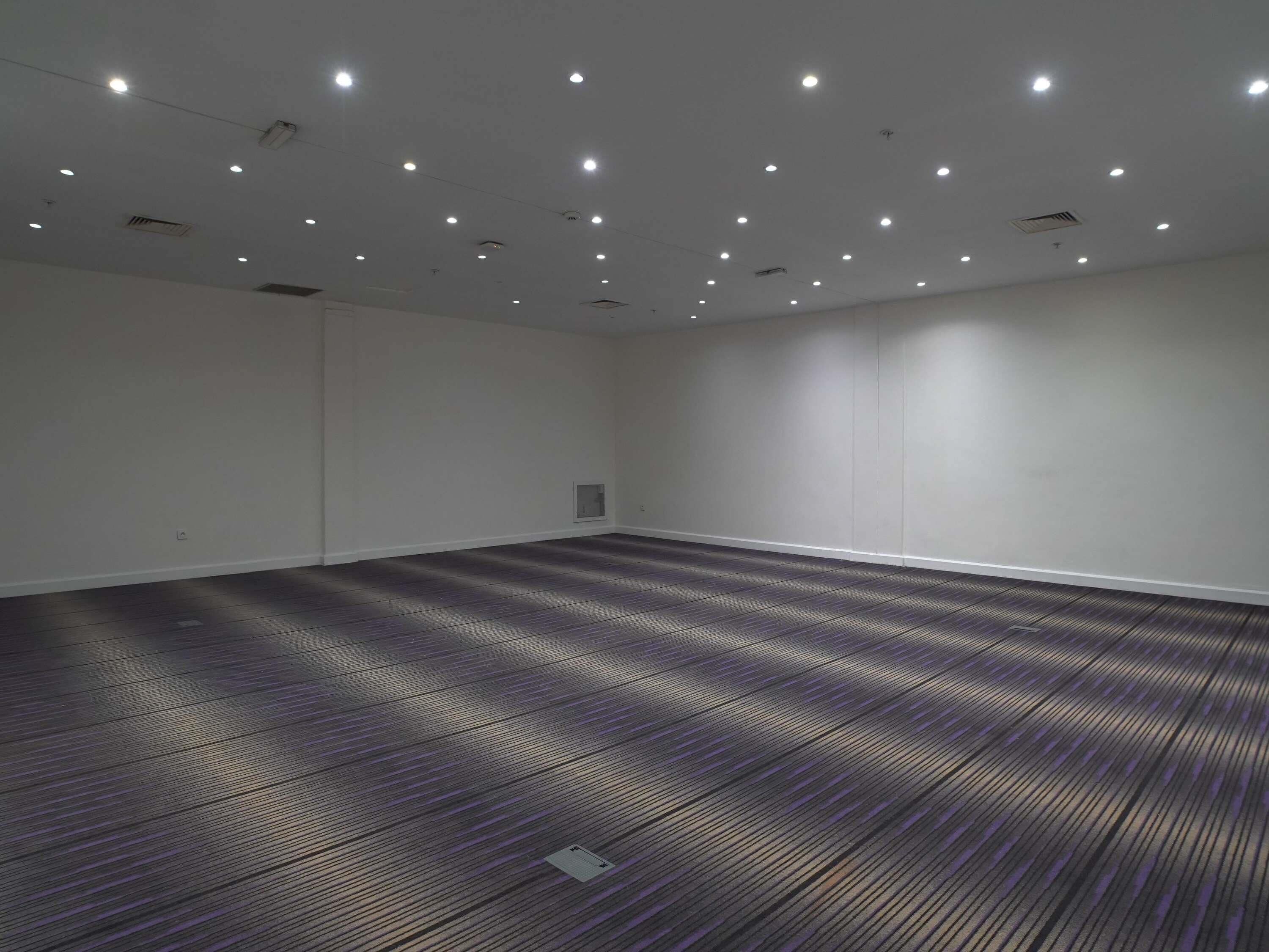 Ein geräumiges Zimmer mit Teppichmuster, weißen Wänden und Deckenleuchten.