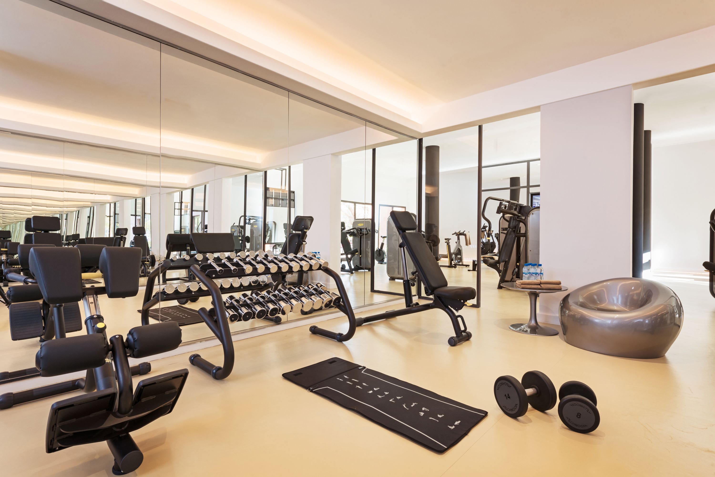 A modern gym with various exercise equipment, including dumbbells, a treadmill, and weight machines.