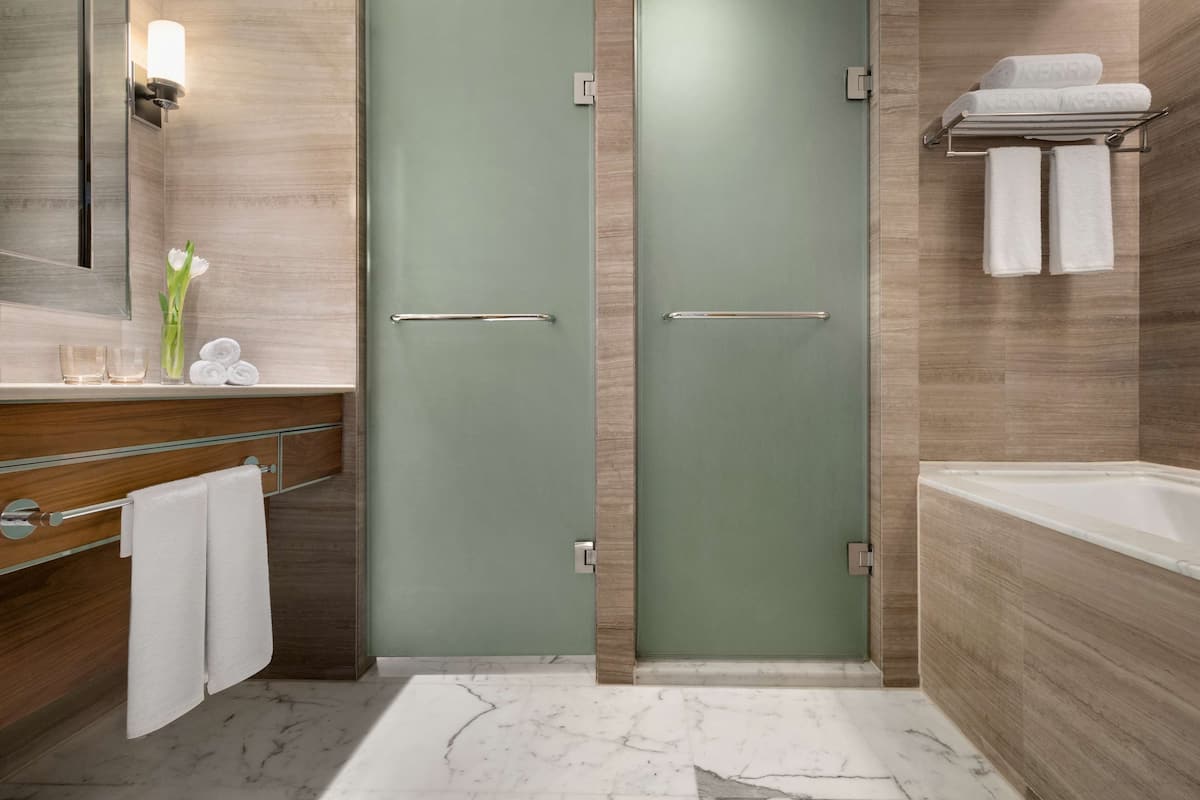 Separate bathtub and shower, deep-soaking bathtub, rainfall showerhead