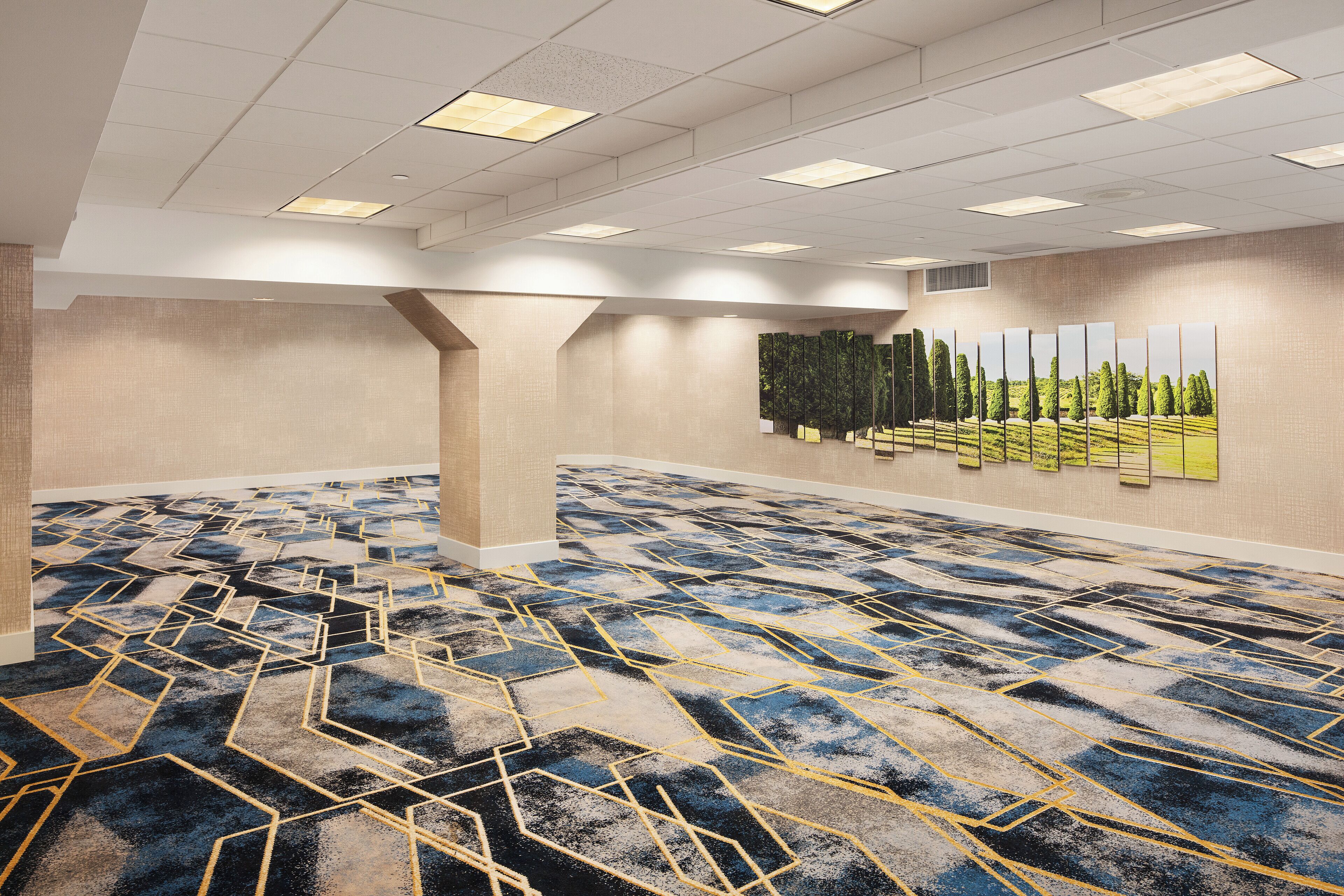 A spacious conference room with a geometric patterned carpet, recessed ceiling lights, and a wall-mounted artwork depicting a landscape.