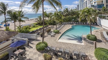 Outdoor pool, pool umbrellas, pool loungers