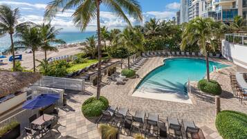 Outdoor pool, pool umbrellas, sun loungers