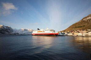 Un navire de croisière était amarré dans un port, avec une chaîne de montagnes en toile de fond.