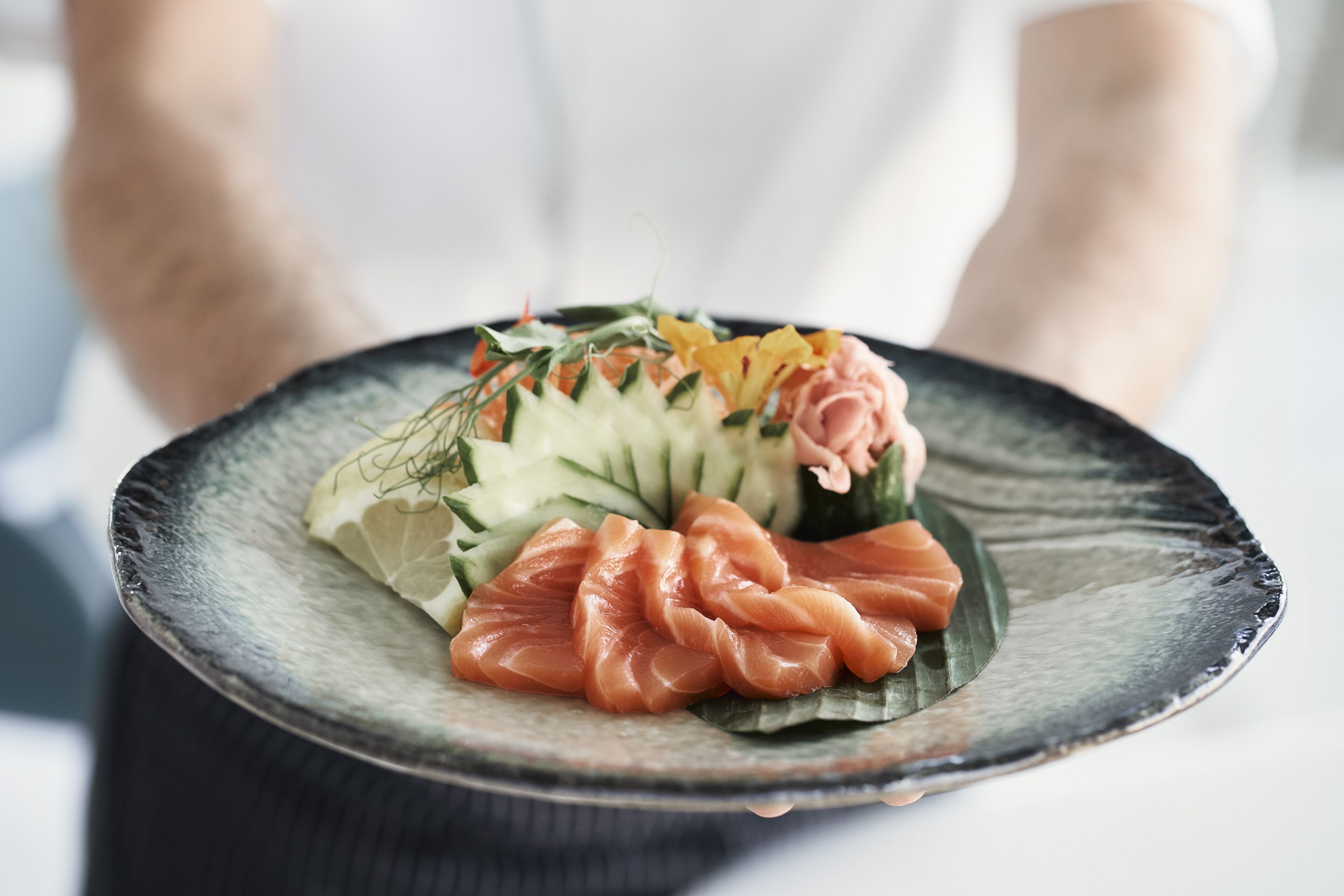 Un plato con diversos alimentos, como salmón y verduras, sostenido por una persona.