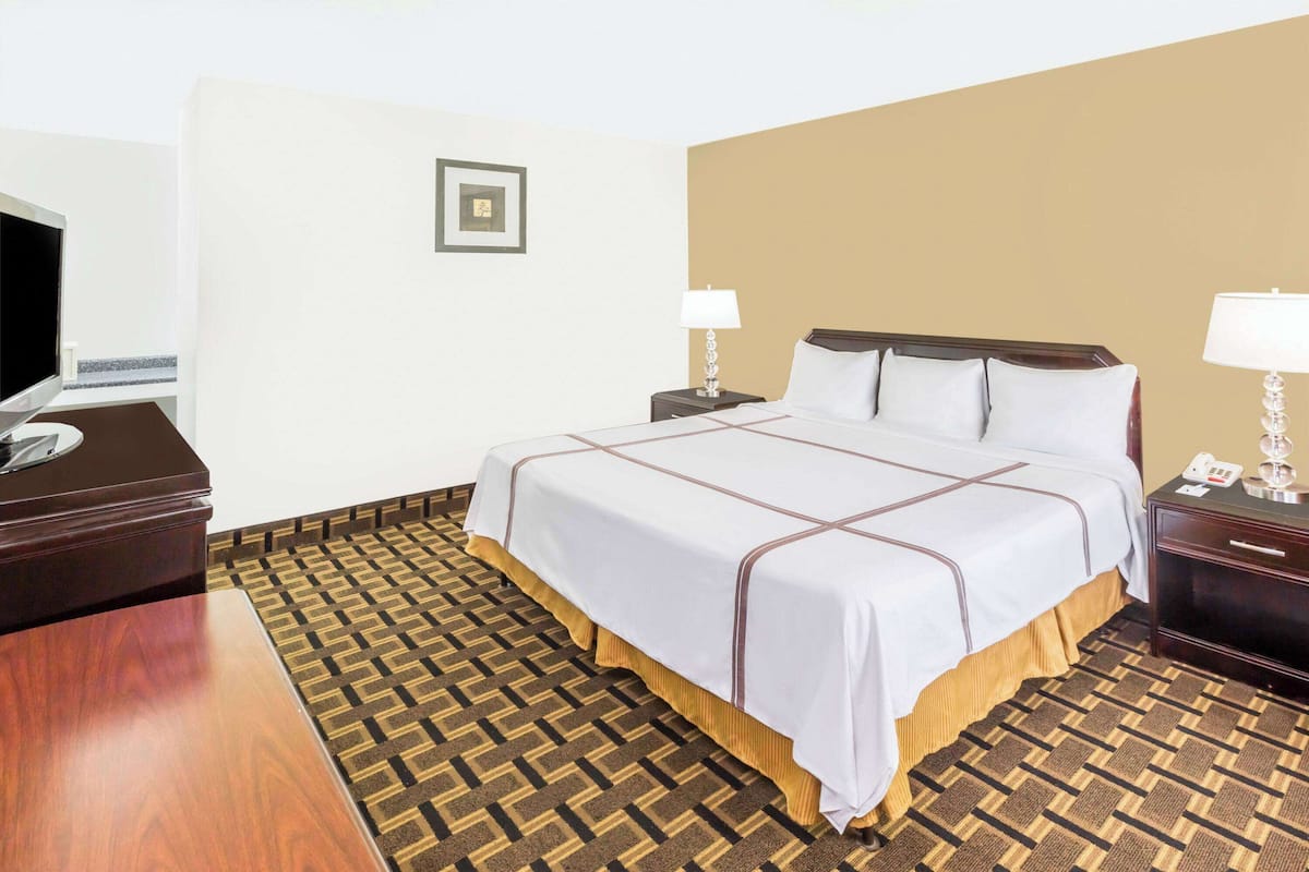 Une chambre d’hôtel avec un grand lit, un bureau, une télévision et une moquette à motifs.