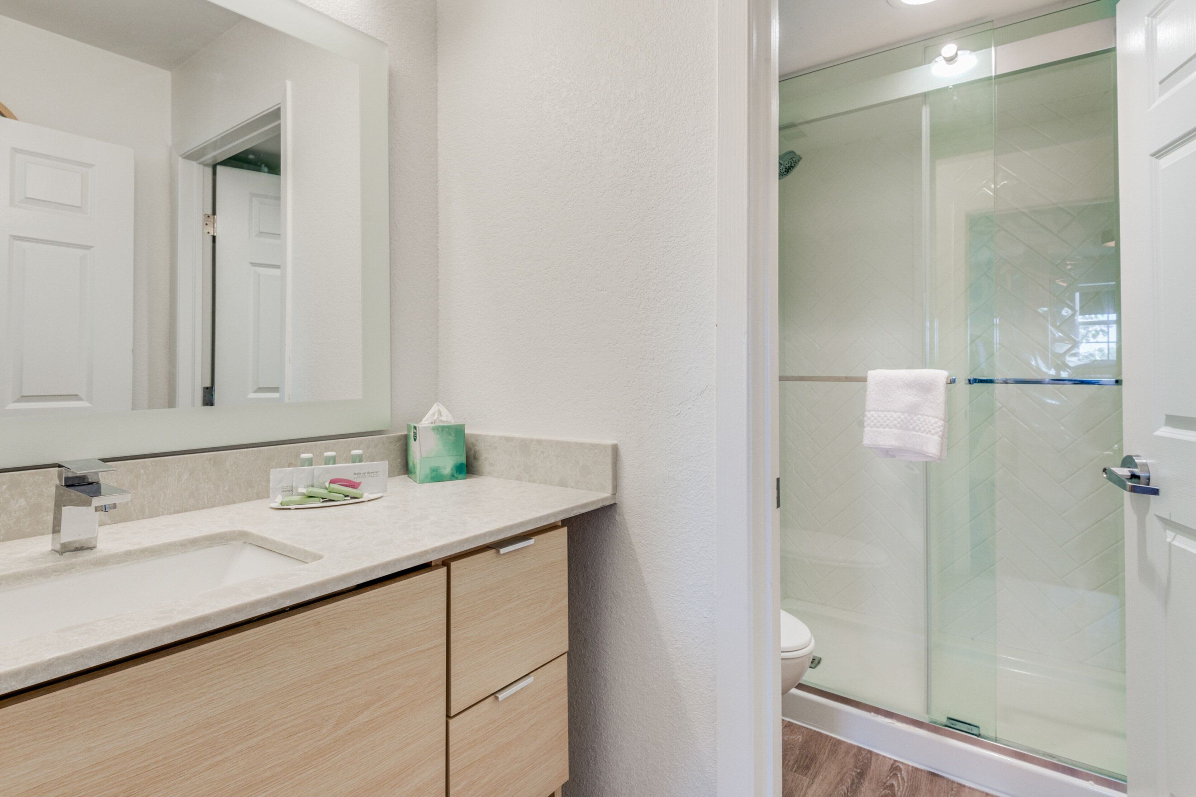 combined shower/bathtub, free toiletries, hair dryer, towels