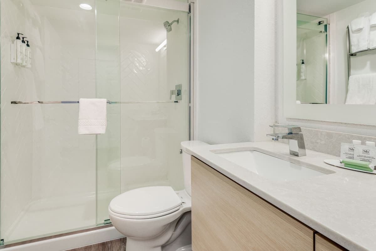 Un bagno moderno con doccia vetrata, un WC bianco e un lavandino con specchio sopra.