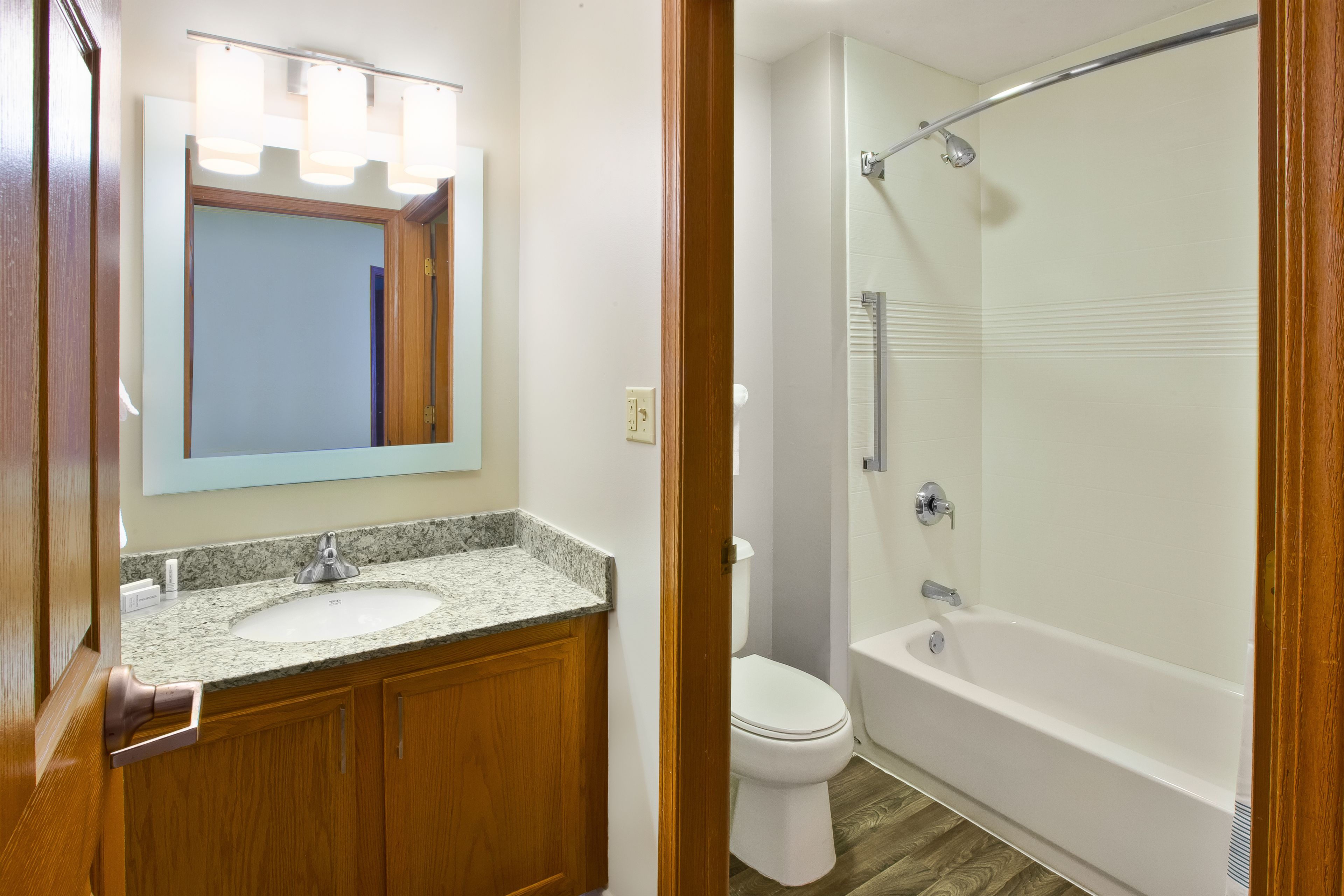 combined shower/bathtub, free toiletries, hair dryer, towels
