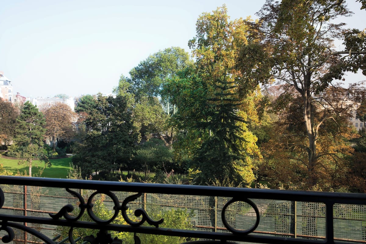 A park with trees and a fence.