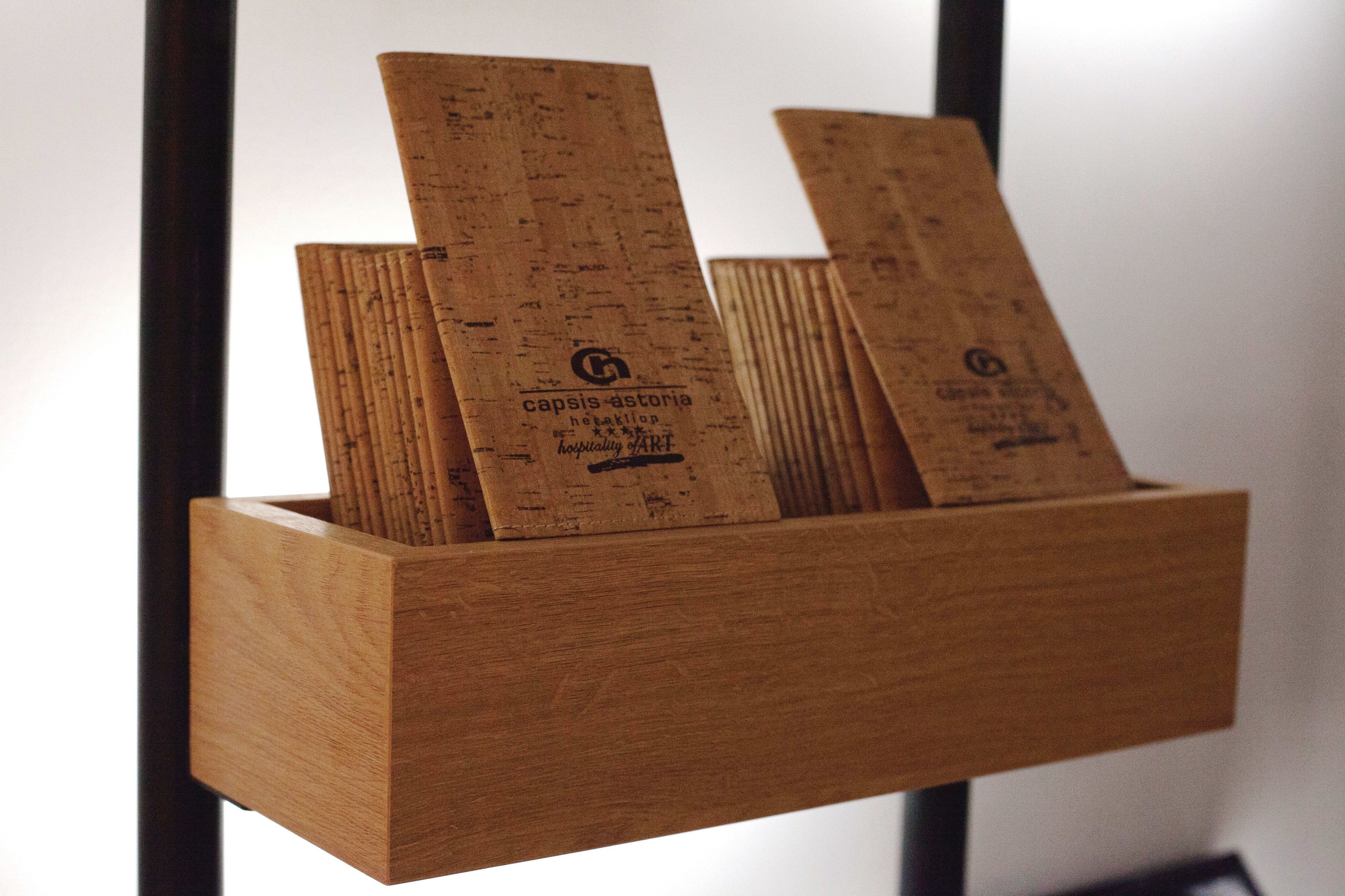 A wooden box with corks.