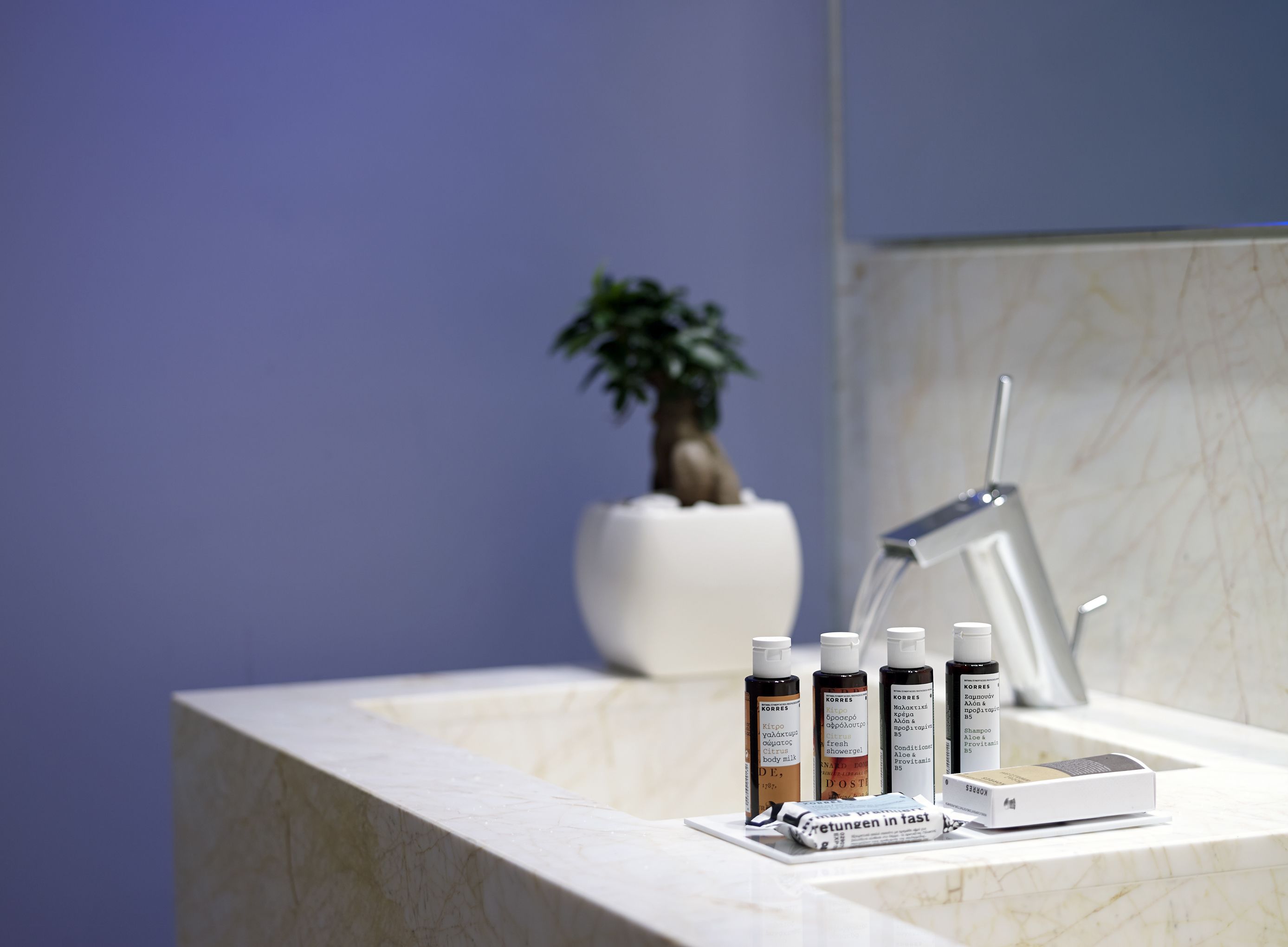 A bathroom with a marble sink, a potted plant, and several toiletries on the counter.