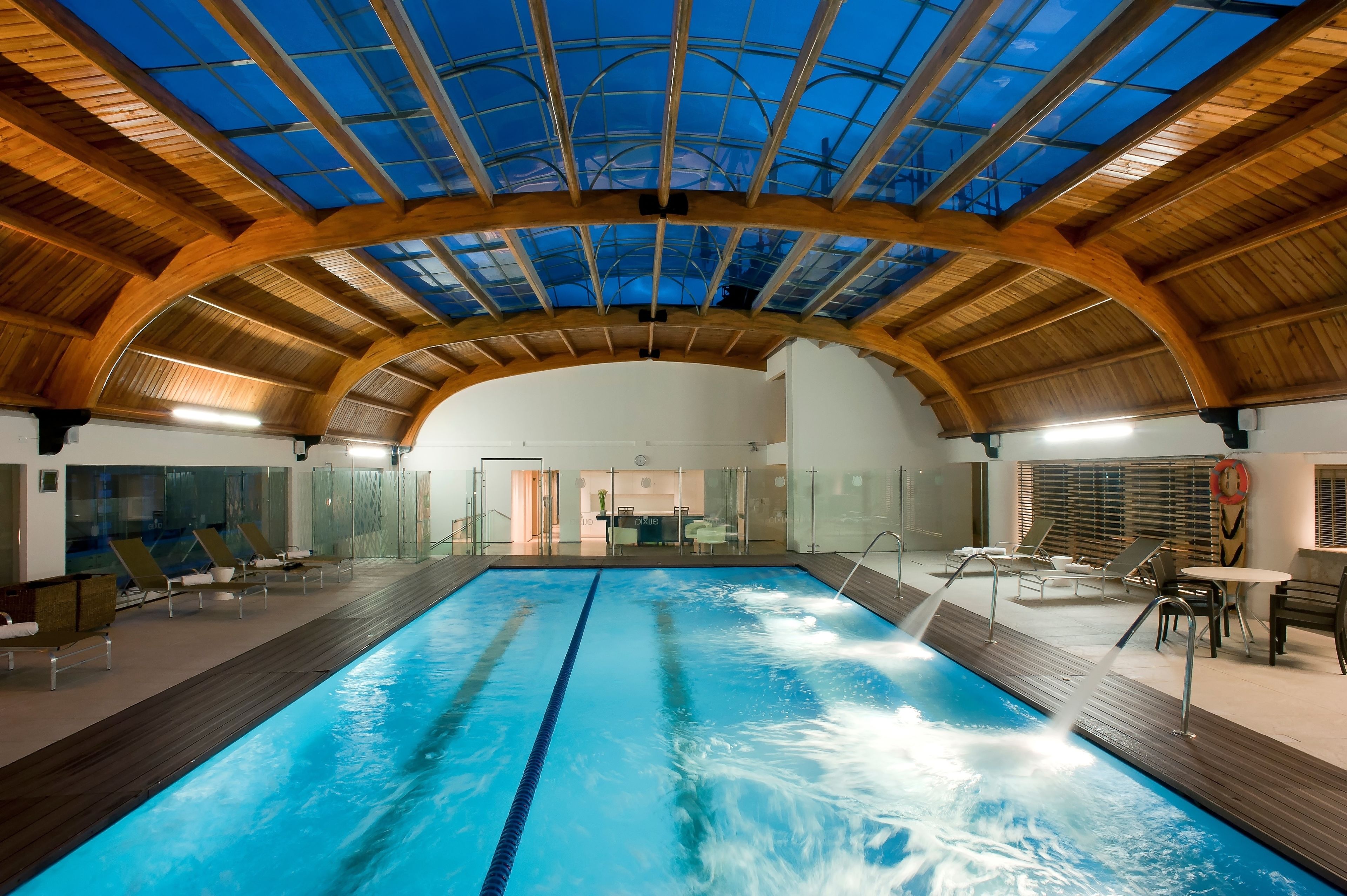 indoor pool, open 9:00 am to 6:00 pm, pool loungers