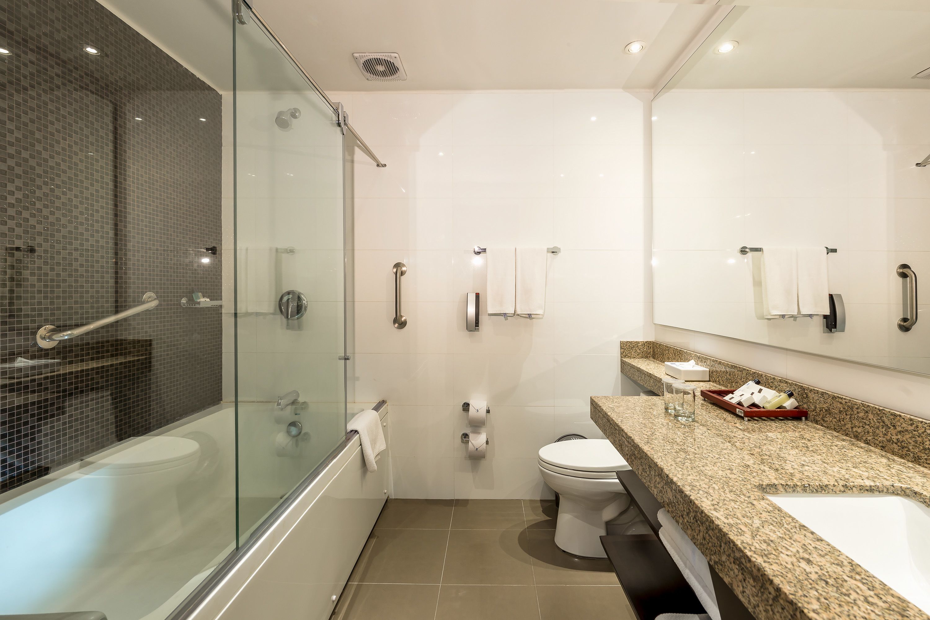 Un baño moderno con ducha de vidrio, inodoro blanco y encimera de granito con artículos de aseo.