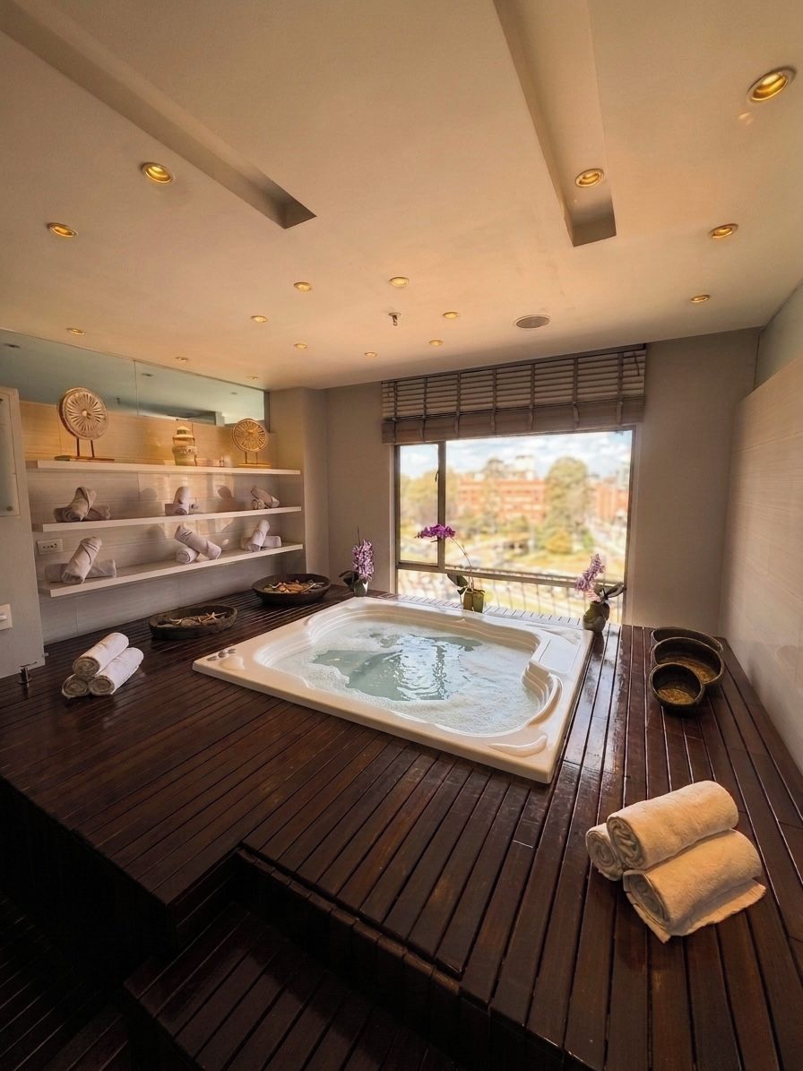 Un espace bien-être comprenant un jacuzzi, un sol en bois, des serviettes et une fenêtre avec vue.
