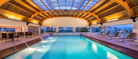 Indoor pool, open 9:00 AM to 6:00 PM, sun loungers