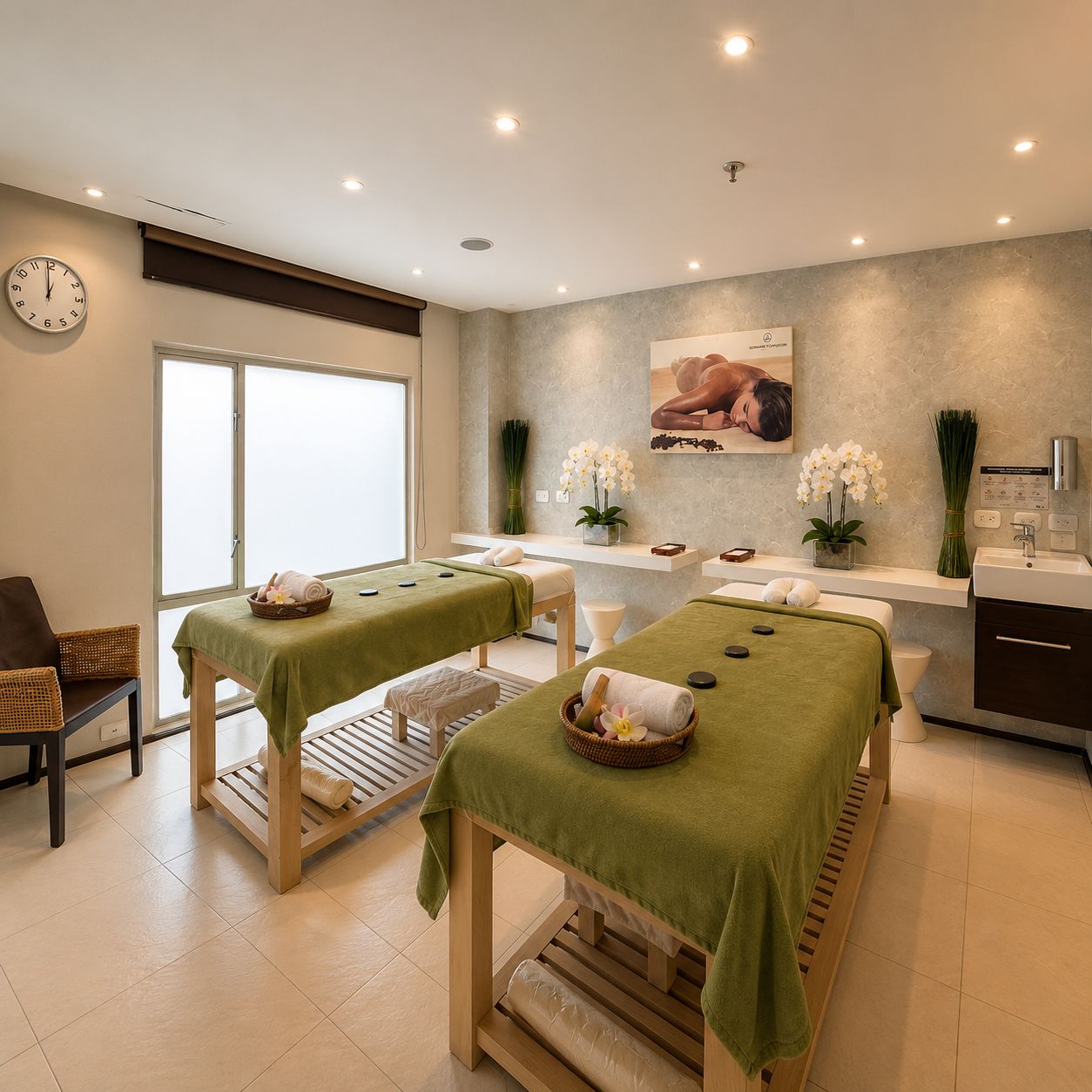 A spa room with two massage tables, a reception desk, and a window.