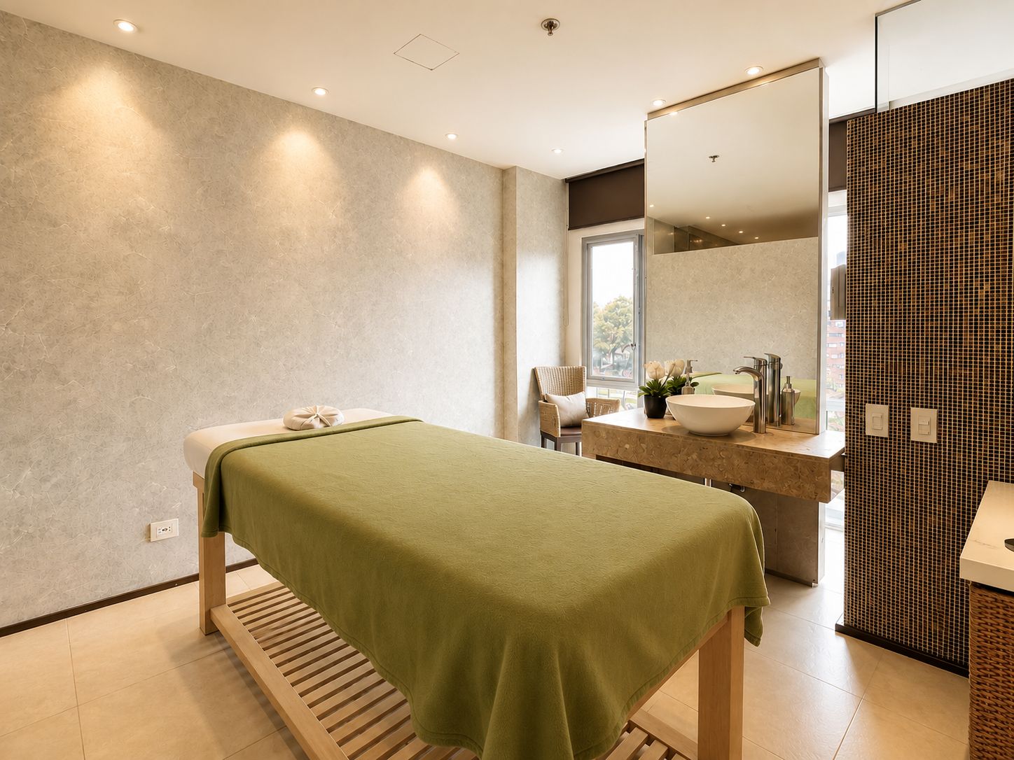 A modern bathroom with a wooden bench, a large mirror, and a sink with a mosaic backsplash.