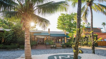 Un complexe hôtelier tropical doté de palmiers, d’un sentier pavé et d’un bâtiment surmonté d’un toit végétalisé.