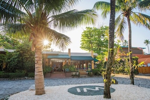 A tropical resort with palm trees, a cobblestone pathway, and a building with a green roof. - Whala!boca Chica (Boca Chica)