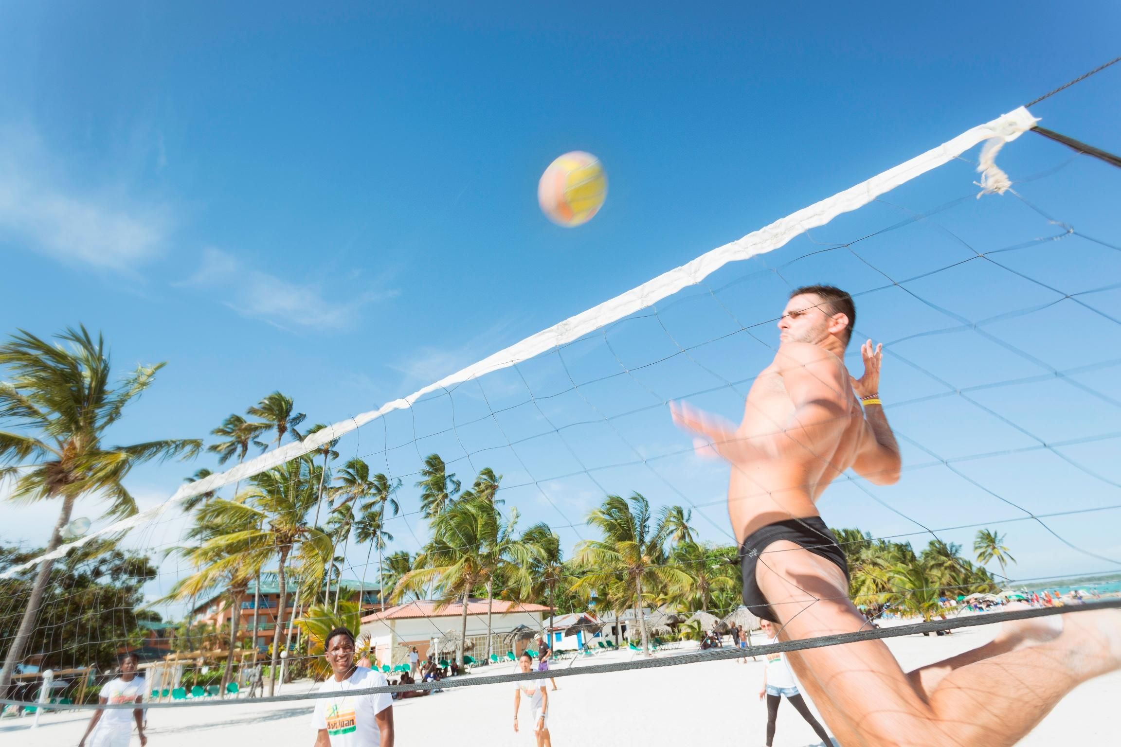 Un match de volleyball de plage avec des joueurs et des spectateurs, des palmiers et un ciel dégagé.