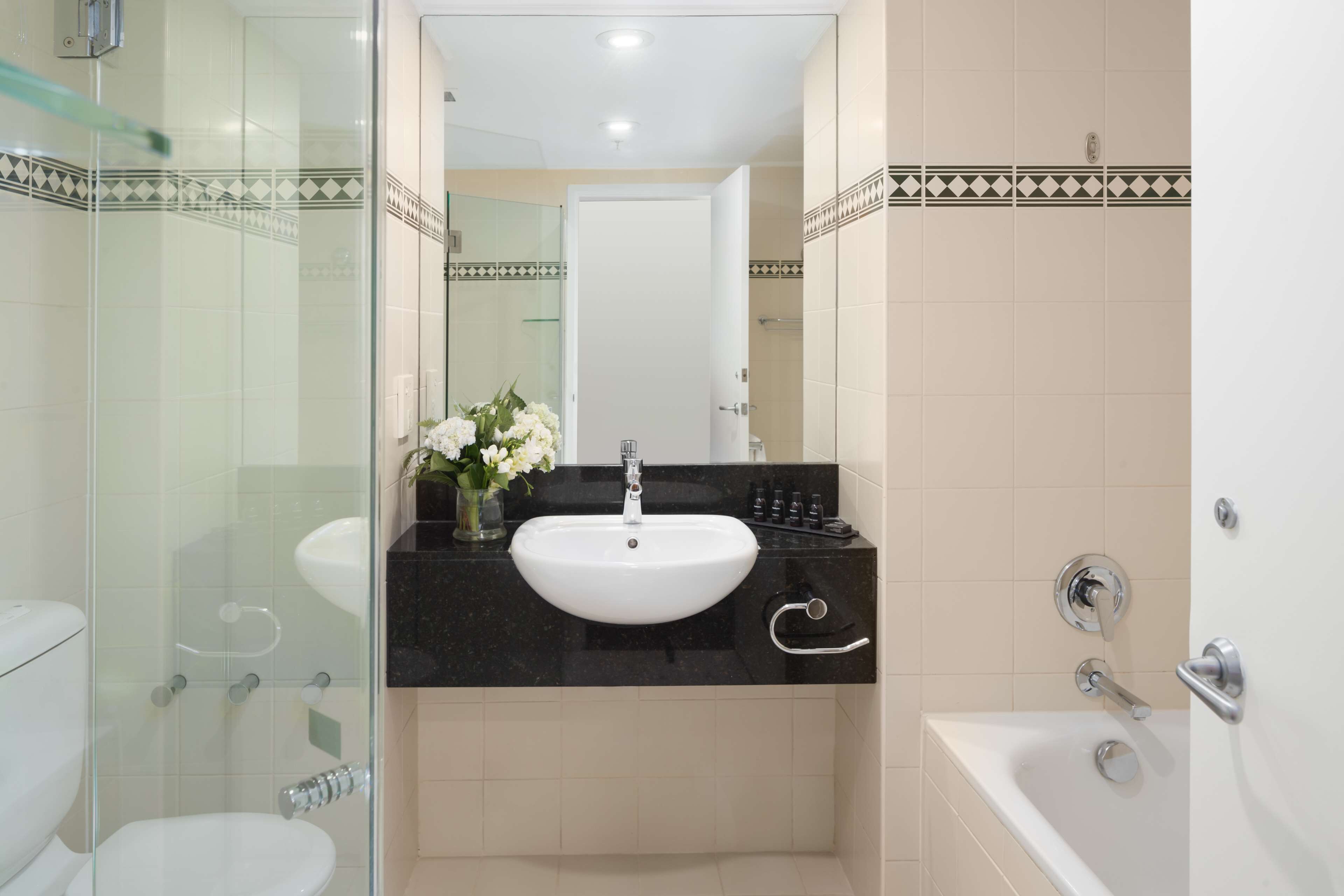 separate bathtub and shower, free toiletries, hair dryer, towels