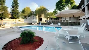 A swimming pool area with lounge chairs and umbrellas, surrounded by trees and a building.