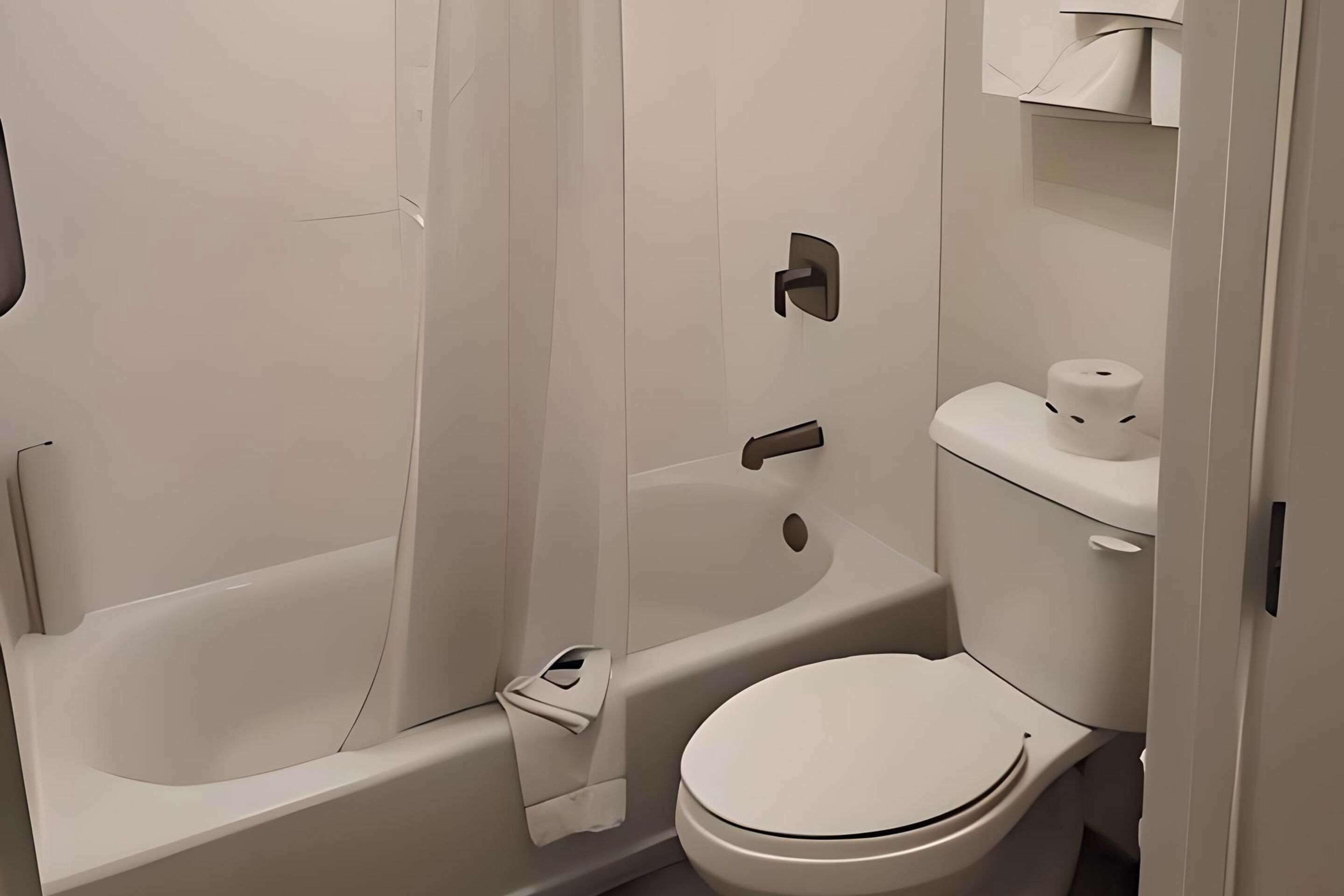 A bathroom with a bathtub, toilet, and a towel rack.