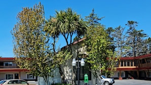 Um edifício com telhado vermelho, um pequeno jardim e um estacionamento.