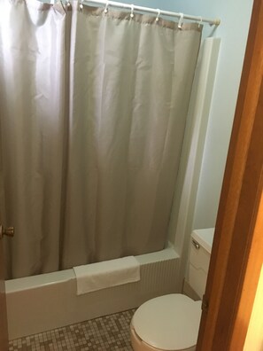 Un baño con cortina de ducha, bañera y retrete.