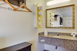 Bathroom features a granite countertop sink, modern faucet, and a large mirror with a gold frame.