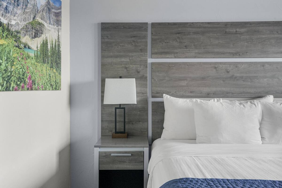 A hotel room with a wooden headboard, a bedside table with a lamp, a bed with white linens, and a painting of a mountain landscape.