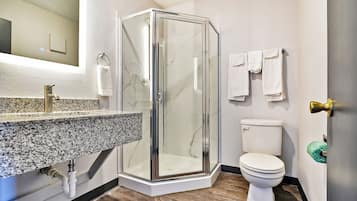 Shower, free toiletries, towels, soap