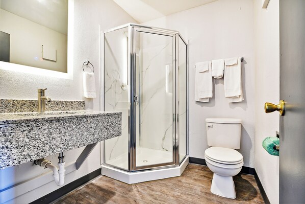 A bathroom with a glass-enclosed shower, a white toilet, and a granite countertop.