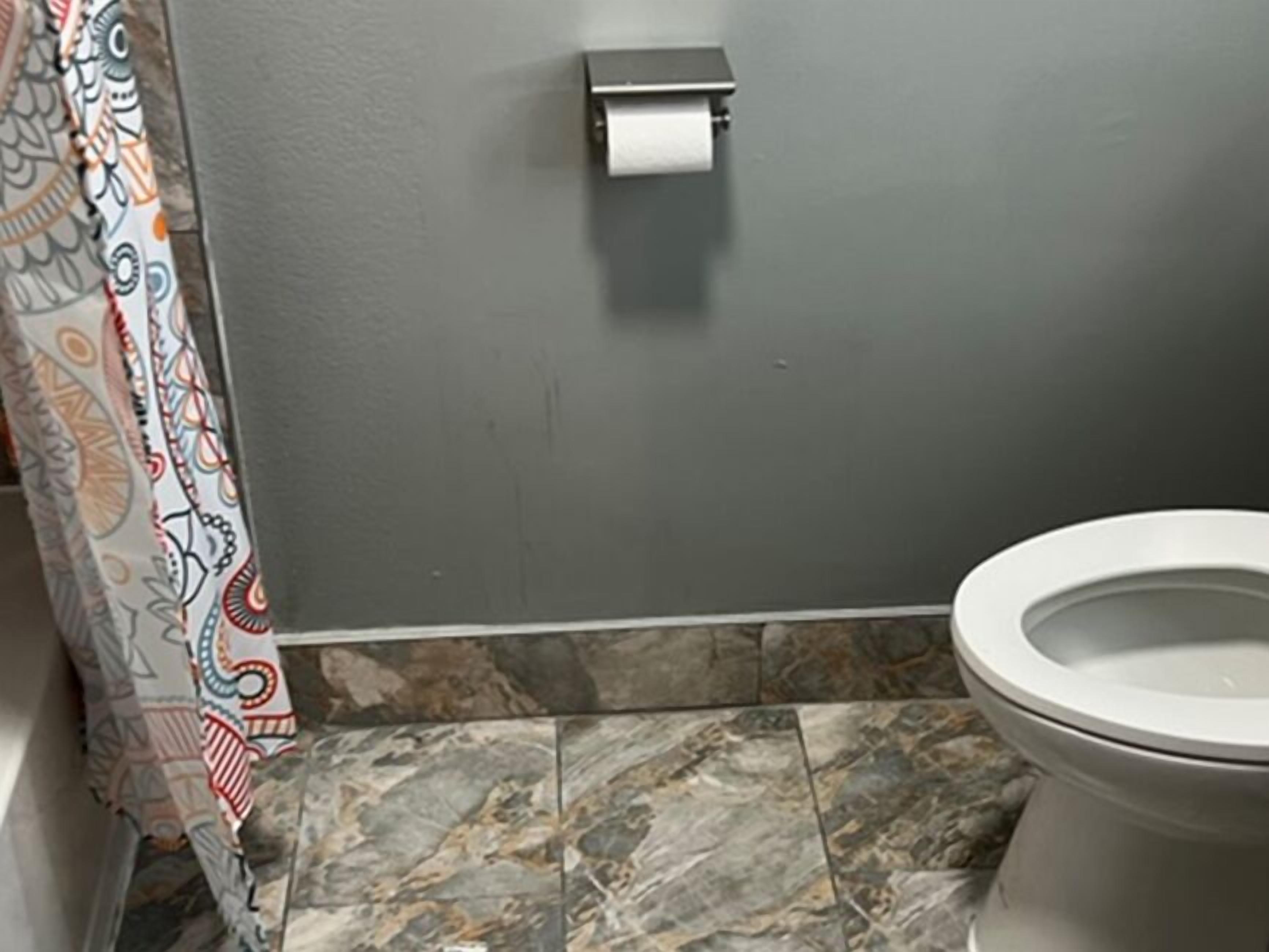A bathroom with a toilet, a patterned shower curtain, and a marble-tiled floor.