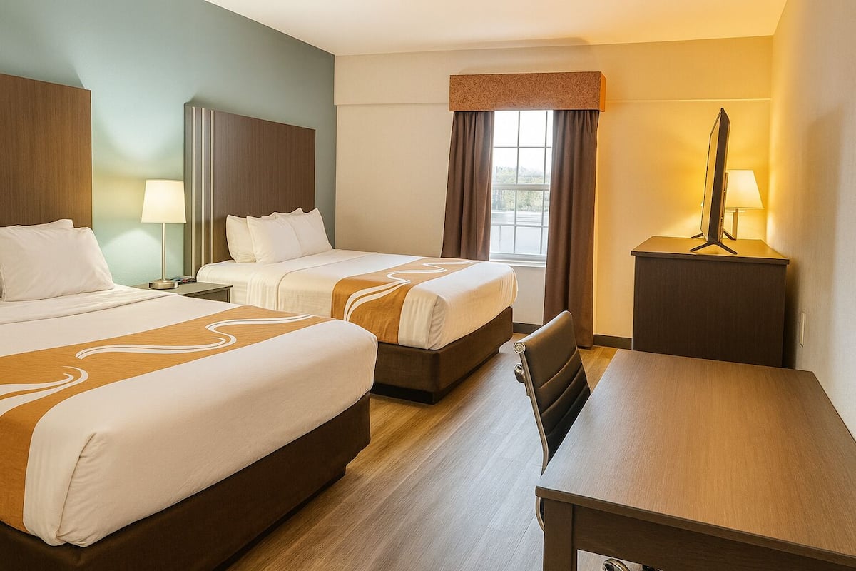 A hotel room with two beds, a desk, a chair, a TV, and a window with curtains.