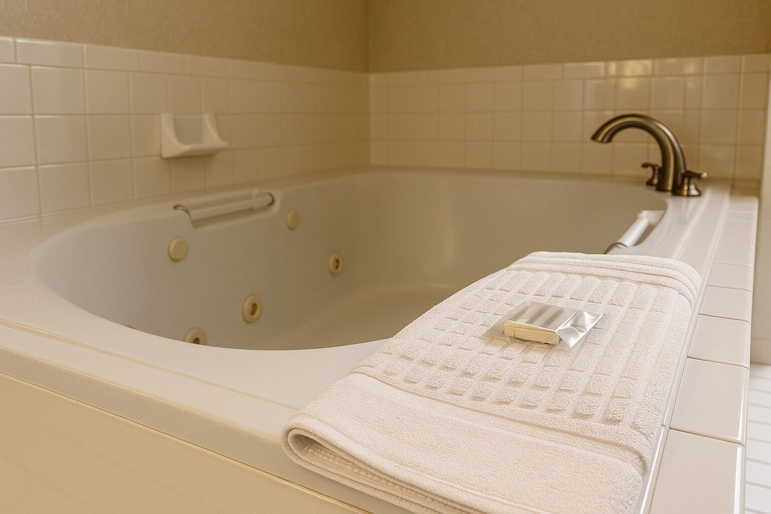 A bathroom with a bathtub, a towel, and a soap dish.