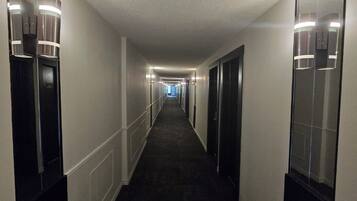 A long, narrow hallway with mirrored walls and a carpeted floor, leading to a door at the end.