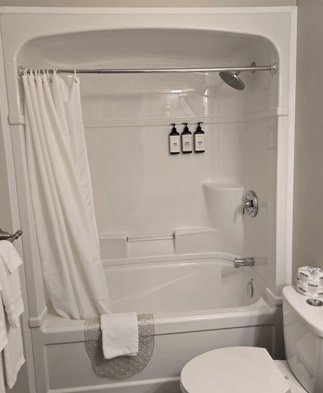 Un baño moderno con bañera, ducha e inodoro.