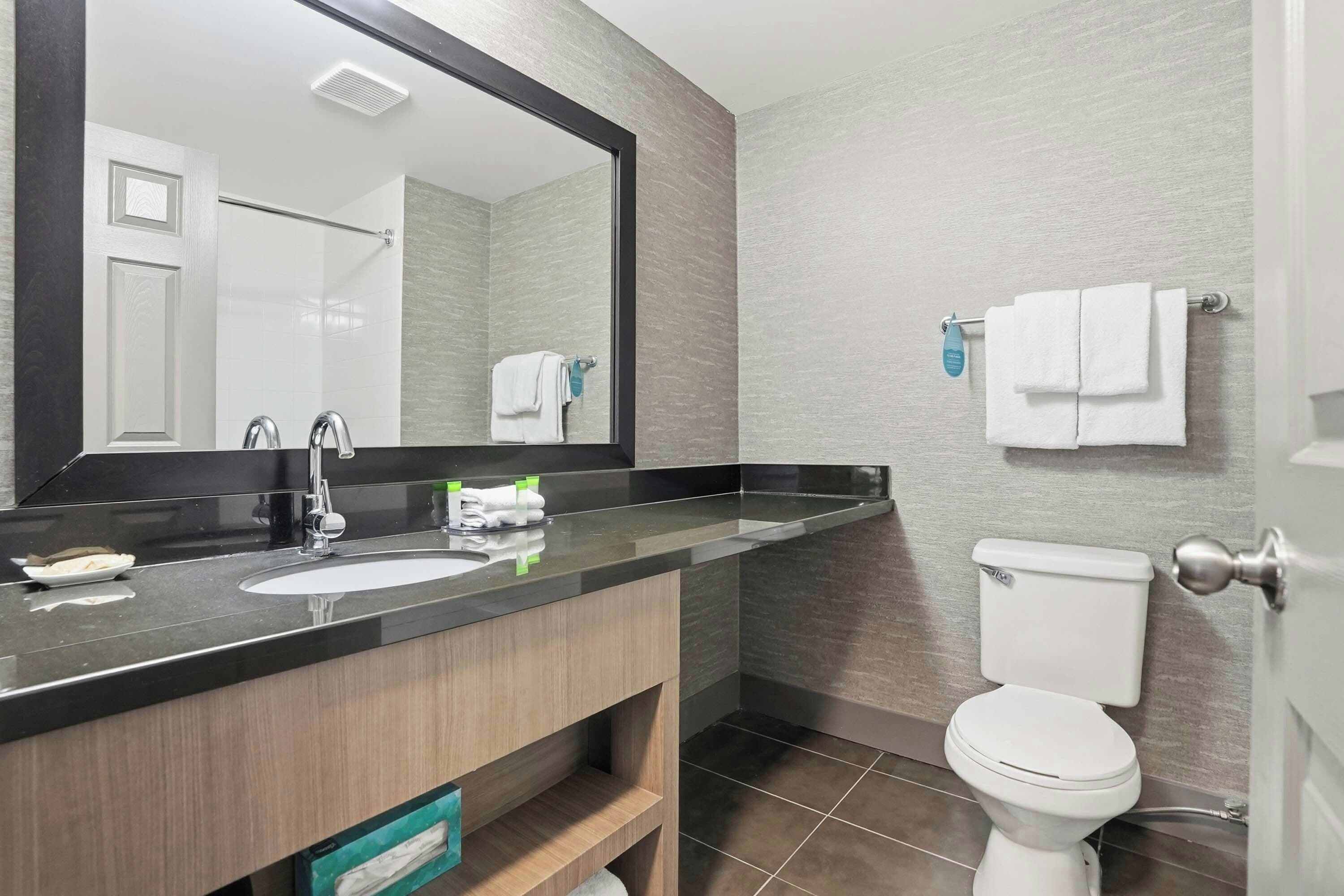 Un baño moderno con un espejo grande, un lavabo, un inodoro y un perchero para toallas.