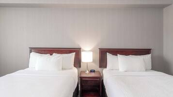 Desk, laptop workspace, blackout curtains, iron/ironing board