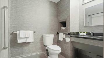 Combined shower/tub, eco-friendly toiletries, hair dryer, towels