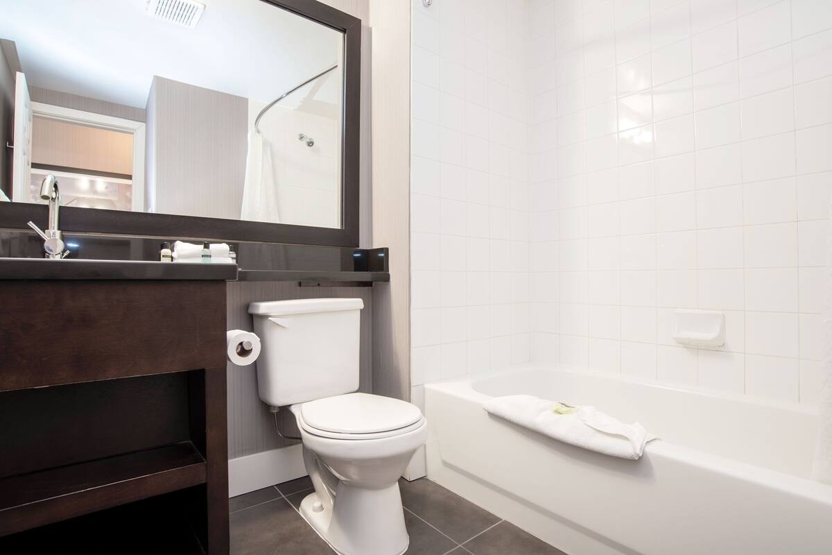 combined shower/bathtub, eco-friendly toiletries, hair dryer, towels