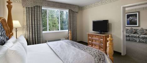 A hotel room with a large bed, a television on a wooden dresser, and a view of trees through the window.