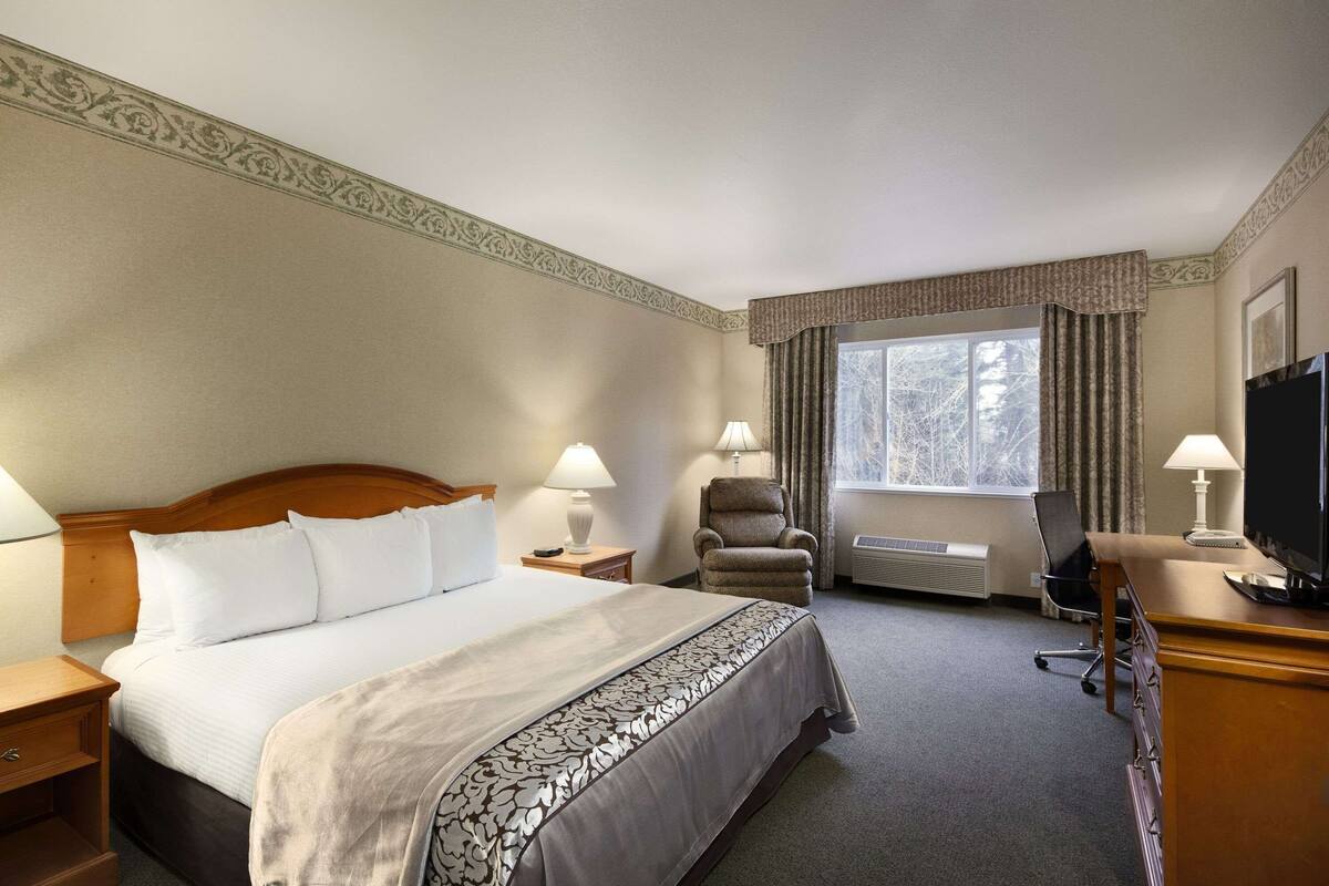 Une chambre d’hôtel avec un grand lit, deux tables de chevet, un bureau avec une chaise, une télévision et une fenêtre avec des rideaux.