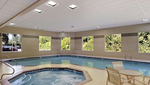 Una piscina interior con hidromasaje, rodeada de ventanas con vistas a zonas verdes.