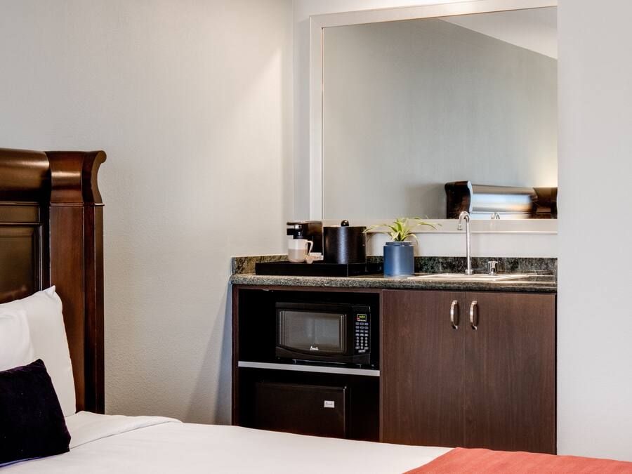 A hotel room with a bed, a microwave, a coffee maker, and a sink in the kitchenette.