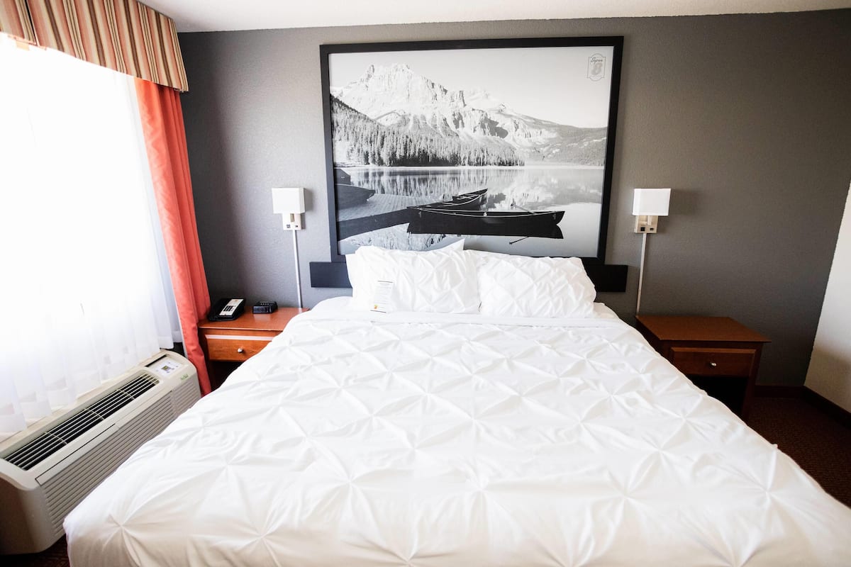 A hotel room with a large bed, a wall-mounted air conditioner, a bedside table with a lamp, and a framed picture of a mountain lake.
