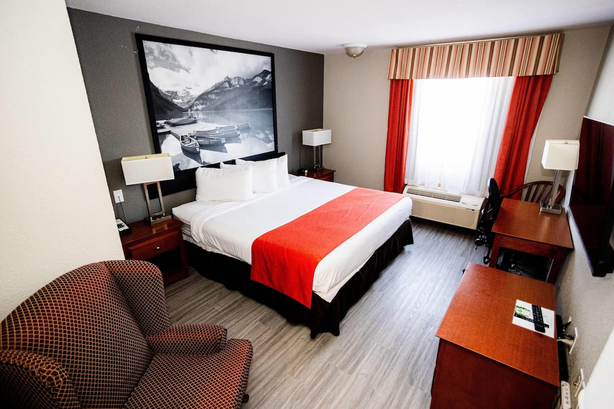 A hotel room with a large bed, a desk, a chair, a flat-screen TV, a window with curtains, and a painting on the wall.