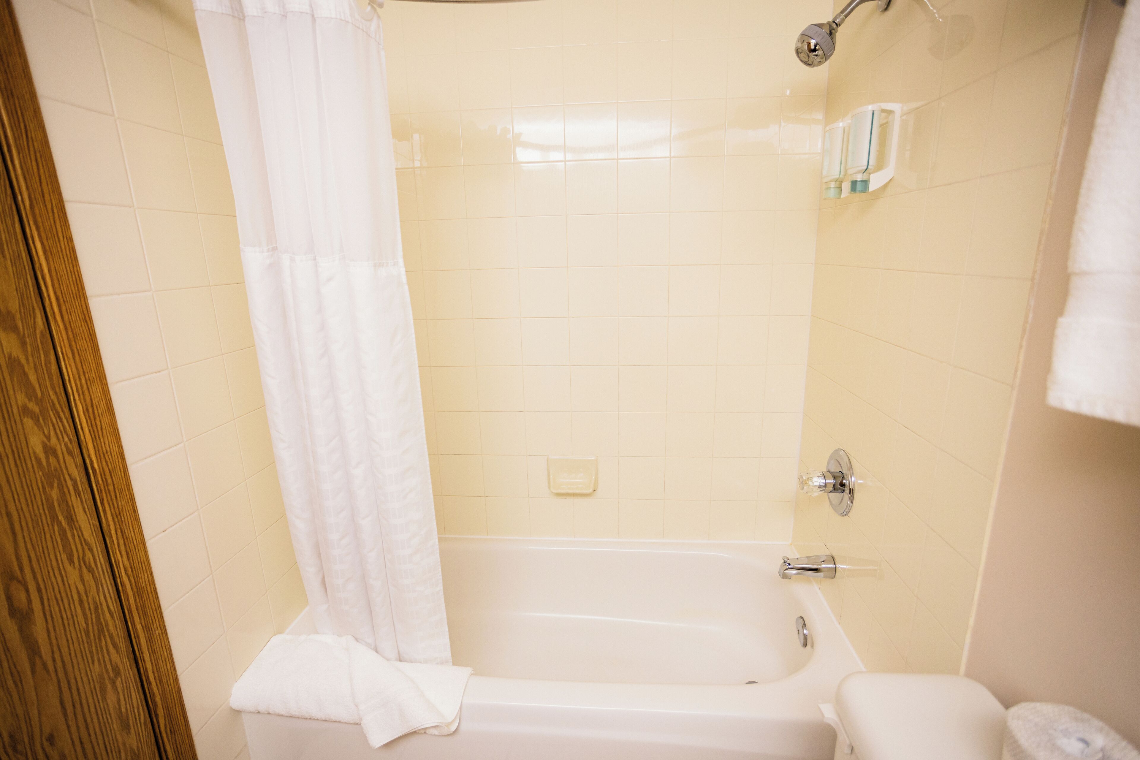 Ein Badezimmer mit Badewanne, Duschvorhang und Toilette.